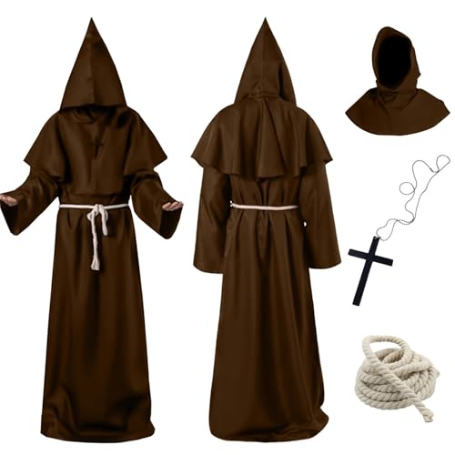 Aitsite Mönch Kostüm Herren mit Kapuze und Kreuz Halskette, Braun Mönche Robe, Prister Gewand Mittelalter Mönchskutte Kostüm Herren für Karneval Halloween Cosplay von Aitsite