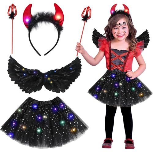 Aitsite Halloween Rock Teufelskostüm Kinder, Leuchtende Kinder Teufels Kostüm, Halloween Kostüm Damen Dark Angel, LED Tutu Tüllrock Teufels Kostüm Mädchen, Tutu Rock mit Teufels Headband (Teufel) von Aitsite