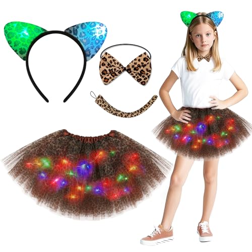 Aitsite baow Tierkostüm Kinder, Tüllrock mit Lichterkette Karneval, Tier Kostüm, Dschungel Kostüm Kinder, Mädchen Tüllrock Set, Mit Haarbänder Nase Schleifen Schwanz, Karneval Faschingskostüme Kinder von Aitsite