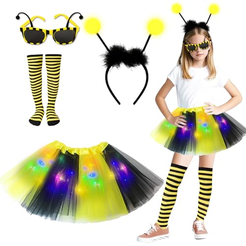 Aitsite bees Tierkostüm Kinder, Tüllrock mit Lichterkette Karneval, Tier Kostüm, Dschungel Kostüm Kinder, Mädchen Tüllrock Set, Mit Haarbänder Nase Schleifen Schwanz, Karneval Faschingskostüme Kinder von Aitsite