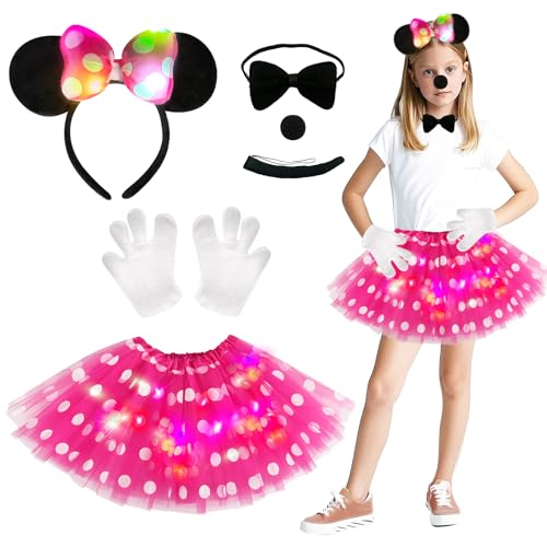 Aitsite pink Tierkostüm Kinder, Tüllrock mit Lichterkette Karneval, Tier Kostüm, Dschungel Kostüm Kinder, Mädchen Tüllrock Set, Mit Haarbänder Nase Schleifen Schwanz, Karneval Faschingskostüme Kinder von Aitsite