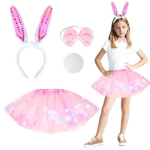 Aitsite tuzi Tierkostüm Kinder, Tüllrock mit Lichterkette Karneval, Tier Kostüm, Dschungel Kostüm Kinder, Mädchen Tüllrock Set, Mit Haarbänder Nase Schleifen Schwanz, Karneval Faschingskostüme Kinder von Aitsite