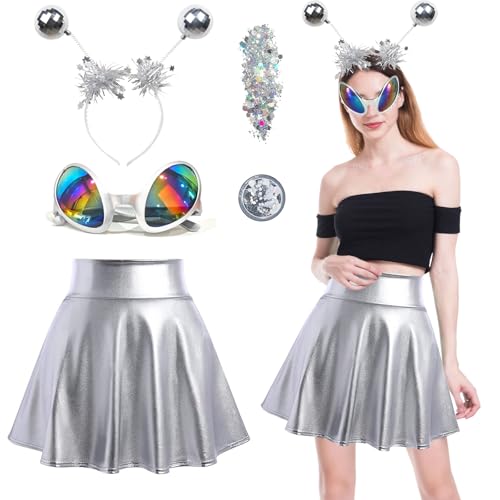 Alien Kostüm Damen, Alien Kostüm Space Girl Kostüm Damen Weltall Kostüm Damen, Karneval Zubehör Damen Set Silberner Mini Rock Alien Haarreif Alien Brille, Alien Rave Outfit für Karneval Mottoparty von Aitsite