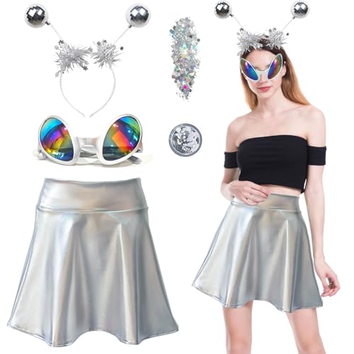 Alien Kostüm Damen, Alien Kostüm Space Girl Kostüm Damen Weltall Kostüm Damen, Karneval Zubehör Damen Set Silberner Mini Rock Alien Haarreif Alien Brille, Alien Rave Outfit für Karneval Mottoparty von Aitsite