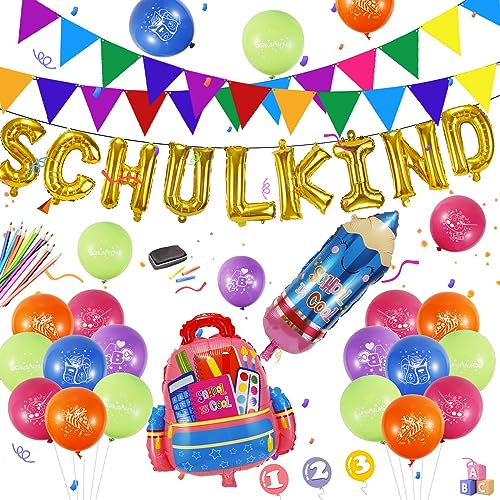 Deko Einschulung Junge Mädchen, Schulkind Deko, Schulanfang Deko mit SCHULKIND Folienballon + Wimpel Girlande + Schultüte Pencil Folienballons, Luftballons Einschulung Set Einschulung Deko von Aitsite