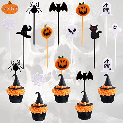 100 Stück Aitsite Halloween Kuchen Deko, Plastic Halloween Tischdeko Cupcake Topper Halloween Picks Muffins Ghost Spinne Fledermaus Kürbis Decor für Kinder Geburtstag Party Themen Party (10 Motive) von Aitsite