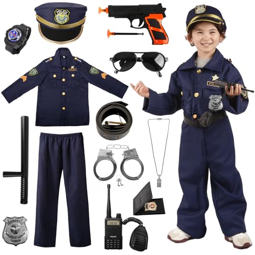 Polizei Kostüm Kinder Jungen, Polizei Set Kinder, Polizei Uniform Kinder inklusive Hemd Hose Hut Gürtel und Polizei Spielzeug Accessoires, Polizeianzug für Kinder Jungen Halloween Karneval Cosplay von Aitsite