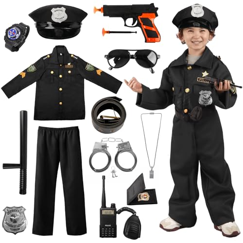 Polizei Kostüm Kinder Jungen, Polizei Set Kinder, Polizei Uniform Kinder inklusive Hemd Hose Hut Gürtel und Polizei Spielzeug Accessoires, Polizeianzug für Kinder Jungen Halloween Karneval Cosplay von Aitsite