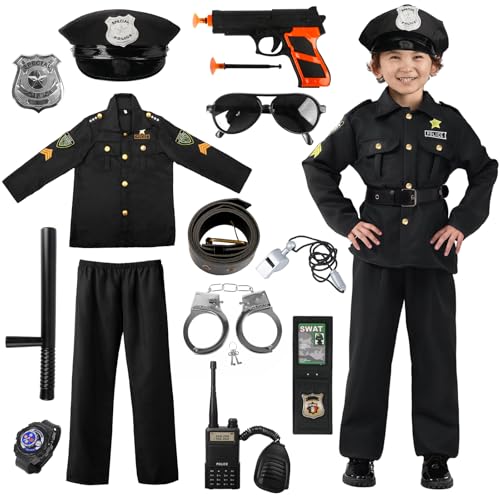 Polizei Kostüm Kinder Jungen, Polizei Set Kinder, Polizei Uniform Kinder inklusive Hemd Hose Hut Gürtel und Polizei Spielzeug Accessoires, Polizeianzug für Kinder Jungen Halloween Karneval Cosplay von Aitsite