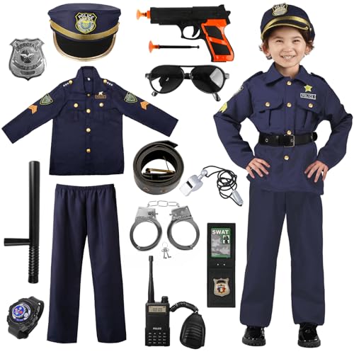 Polizei Kostüm Kinder Jungen, Polizei Set Kinder, Polizei Uniform Kinder inklusive Hemd Hose Hut Gürtel und Polizei Spielzeug Accessoires, Polizeianzug für Kinder Jungen Halloween Karneval Cosplay von Aitsite