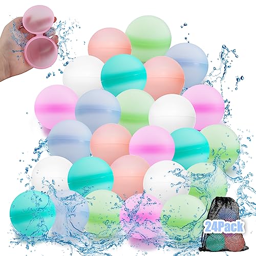 Wasserbomben Wiederverwendbar，24 Stück Wiederverwendbare Wasserbomben Wiederbefüllbare Wasserbomben Magic Splashy Balls Wasserballons Wiederverwendbar Reusable Water Balloon Netzbeutel von Aitsite