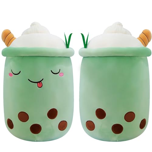 Aiuidun Bubble Tea Kuscheltier,Boba Stofftier Plüschkissen Spielzeug Weiches Umarmungskissen Geschenk für Kinder Mädchen Jungen(Grün-Schielende Augen,35cm) von Aiuidun