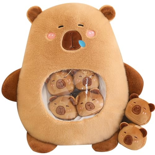 Aiuidun Capybara Plüsch mit 6 niedlichen Babies Capybara Stofftiere, eine Tasche mit Capybara Tier Snack Kissen, Super Soft Capybara Plüsch Puppe Kissen für Baby Jungen Mädchen Spielzeug(Braun) von Aiuidun