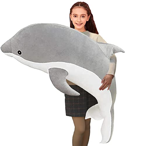 Aiuidun Delfin Kuscheltier,Stofftier Delfin Plüschtier Plüschkissen Superweiches Meerestier Plüschspielzeug Puppen für Jungen Mädchen Schlafkissen Geschenk (100cm/39.37inch, Grey) von Aiuidun