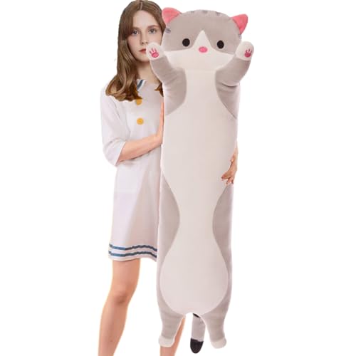 Aiuidun Lange Katze Kuscheltier Stofftiere Katzen Plüsch Kisse Süße Kätzchen Plüschtier Schlafkissen,Weiche Lange Katze Kuschelkissen Geschenk für Kinder Freundin(110cm/43.3inch,Gray) von Aiuidun