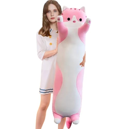 Aiuidun Lange Katze Kuscheltier Stofftiere Katzen Plüsch Kisse Süße Kätzchen Plüschtier Schlafkissen,Weiche Lange Katze Kuschelkissen Geschenk für Kinder Freundin(110cm/43.3inch,Pink) von Aiuidun