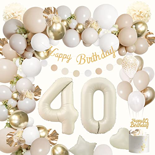 Deko 40 Geburtstag Frau Mann,AivaToba 40. Geburtstag Deko Beige Gold,Geburtstagsdeko 40 Männer Frauen,Boho Luftballons 40. Jahre,Happy Birthday Girlande,Pompom Für Frau 40. Geburtstag Dekorationen von AivaToba