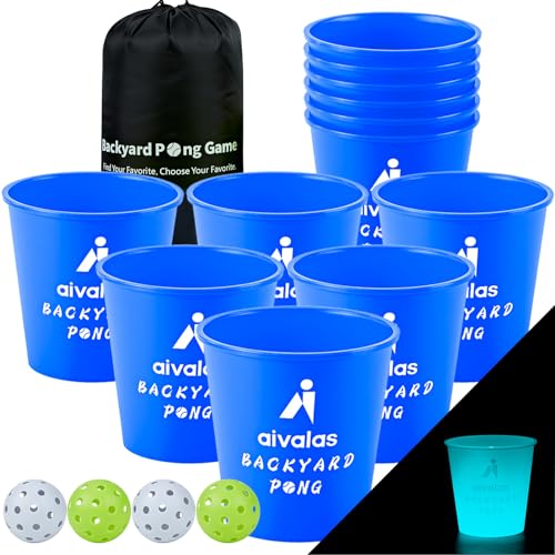 Aivalas Yard Pong Outdoor Games Set, Giant Pong Game with Durable Buckets and Balls, Toss Throwing Game for Beach, Camping, Lawn and Backyard, Blue Glow in Dark von Aivalas