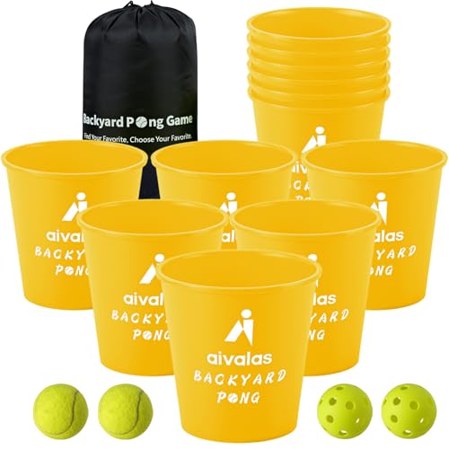 Aivalas Yard Pong Outdoor Games Set, Giant Pong Game with Durable Buckets and Balls, Toss Throwing Game for Beach, Camping, Lawn and Backyard, Yellow von Aivalas