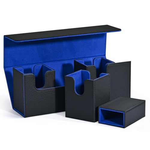 Aiwjeakh Kartenaufbewahrungsbox, Kartendeck-Aufbewahrungsbox mit Würfelfach, 4-In-1-Kartendeck-Hülle für Mehr Als 300 Karten, Magnetischer Karten-Organizer, Schwarz + Blau von Aiwjeakh