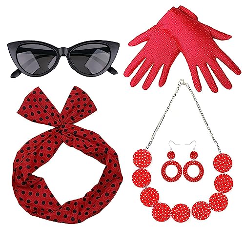 Aizuoni 50er Jahre Kostümzubehör Für Damen,Polka Dot-Accessoires - Par -mit Chiffon Schal Polka Dot Stirnband Katzen Auge Brille Schwarz 1950s Kostüm Für Motoparty Retro Teily von Aizuoni