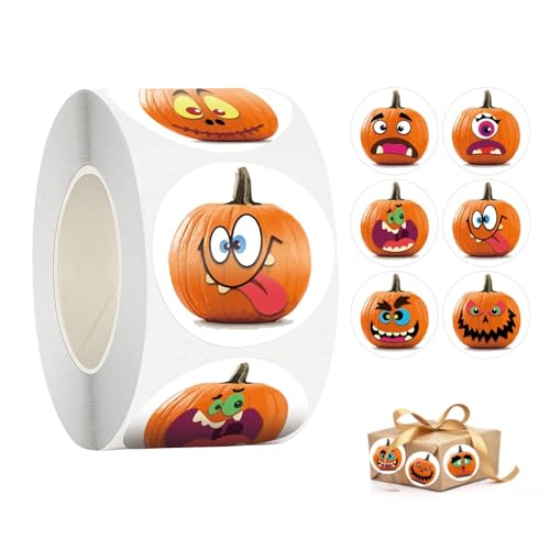 Aizuoni Belohnungssticker, Sticker Rolle, Kürbisaufkleber Für Kinder, 500 Stück Halloween-Cartoon-KürbisGesichtssiegel-Etikett, Runde Dekorative Aufkleber Für Belohnungsaufkleber, Aufkleberrolle von Aizuoni