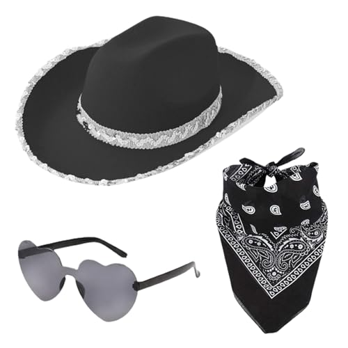 Aizuoni Cowgirl Outfit Damen, Cowgirl Hut Set, Cowboy Hut Pink, Cowboyhüte, Glitzer Hut Cowboy Kostüm Damen Für Damen,Modische Bling Cowgirl-Mütze | Kostümzubehör Zum Thema Karneval Für Das Festival von Aizuoni