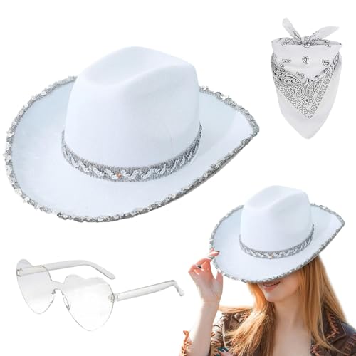 Aizuoni Cowgirl Outfit Damen, Cowgirl Hut Set, Cowboy Hut Pink, Cowboyhüte, Glitzer Hut Cowboy Kostüm Damen Für Damen,Modische Bling Cowgirl-Mütze | Kostümzubehör Zum Thema Karneval Für Das Festival von Aizuoni