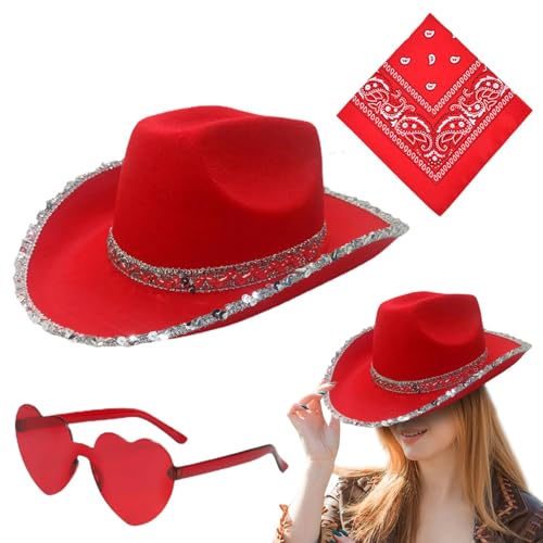 Aizuoni Cowgirl Outfit Damen, Cowgirl Hut Set, Cowboy Hut Pink, Cowboyhüte, Glitzer Hut Cowboy Kostüm Damen Für Damen,Modische Bling Cowgirl-Mütze | Kostümzubehör Zum Thema Karneval Für Das Festival von Aizuoni