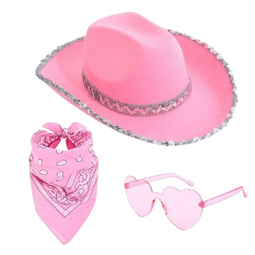 Aizuoni Cowgirl Outfit Damen, Cowgirl Hut Set, Cowboy Hut Pink, Cowboyhüte, Glitzer Hut Cowboy Kostüm Damen Für Damen,Modische Bling Cowgirl-Mütze | Kostümzubehör Zum Thema Karneval Für Das Festival von Aizuoni