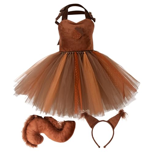 Aizuoni Eichhörnchen-Kostüm für Kinder, Eichhörnchen-Halloween-Kostüm für Kinder - Niedliches Tierkostüm für Kleinkinder,Mädchen-Dschungel-Themen-Cosplay-Tutu-Kleid mit Ohren, Stirnband und Schwanz von Aizuoni