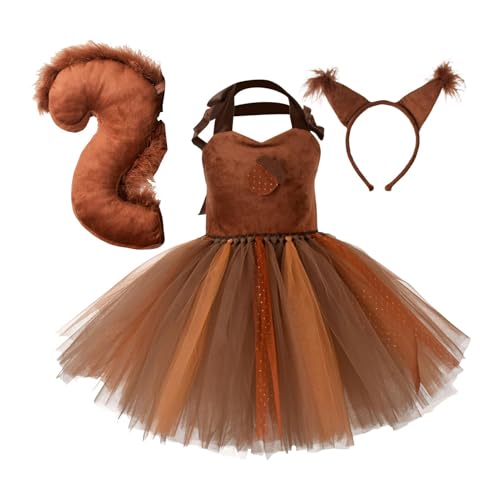 Aizuoni Eichhörnchen-Kostüm für Kinder,Eichhörnchen-Kostüm für Kinder - Tierkostüm-Set,Tierthema-Cosplay-Anzug, Tutu-Kleid mit Ohren, Stirnband, Schwanz für Mädchen im Alter von 1–12 Jahren von Aizuoni