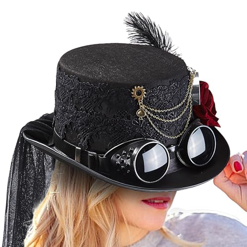 Aizuoni Gothic Hut Steampunk Hut,Gothic Steampunk Zylinder, Unisex Steampunk Zylinder Gothic Punk Zaubererhut, Steampunk-Zylinder mit Rosenblüten und abnehmbarer Schutzbrille als Kostümzubehör von Aizuoni