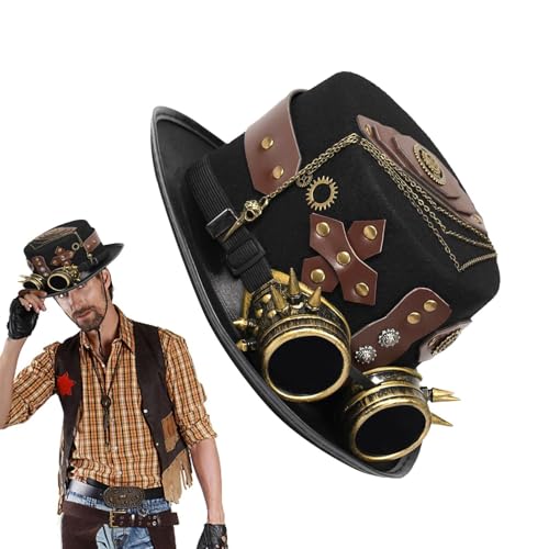 Aizuoni Gothic Steampunk Zylinder, Steampunk Hüte mit Schutzbrille, Gothic Vintage Kostüm Kopfbedeckung mit abnehmbarer Schutzbrille, Ausgefallenes Kostüm, Steampunk-Zubehör für Halloween-Maskerade von Aizuoni