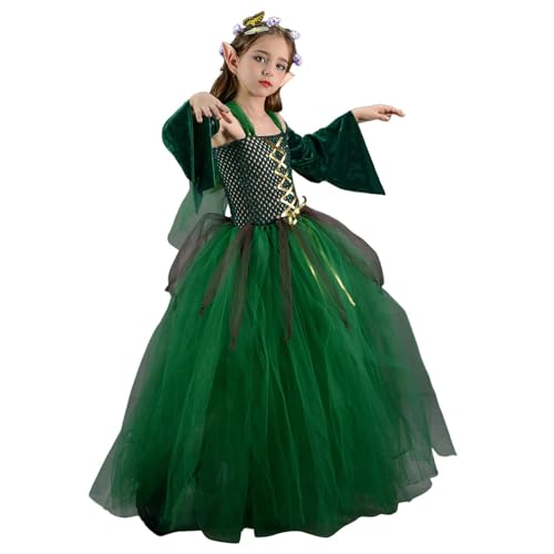 Aizuoni Halloween-Elfen-Fee-Kostüm, Feenkostüm Für Kinder, Netz-Tüllkleid Für Mädchen | Grüner Ärmelloser Mehrlagiger Tutu-Rock Aus Tüll - Ohren Ärmel Kinder Cosplay, Wald Thema Kostüm Für Halloween von Aizuoni