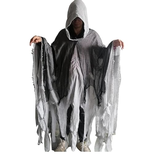 Aizuoni Halloween Geister Kostüm Erwachsene, Halloween Kostüm Herren Gruselig, Umhang Geisterumhang Mit Kapuze, Weibliches Geisterkostüm Spuk-Kapuzenumhang, Gruselige Aktivitäten Cosplay-Kostüm von Aizuoni