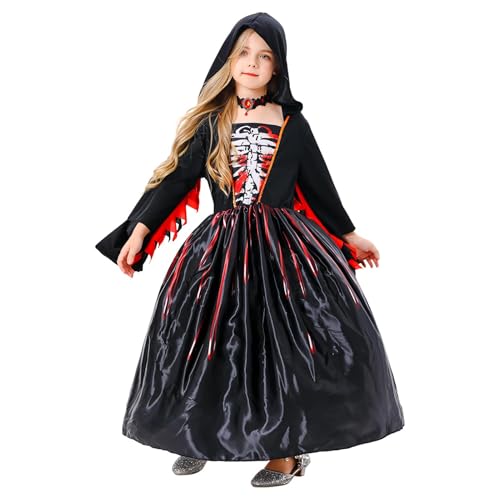 Aizuoni Halloween-Hexen-Outfit, Mädchen-Hexe-Cosplay-Kostüm - Umhangförmige Hexenkleid-Hut-Halskette,Hexenkleid für Kinder im Alter von 5–14 Jahren von Aizuoni