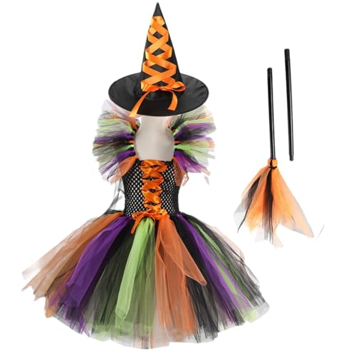 Aizuoni Halloween Kostüm Kinder, Hexenkostüm Kinder, Hexenkostüm Mädchen, Kostüm Hexe Kinder, Hexen-Halloween-Kostüm Für Kinder, Tutu Kleid Hexenkleid,Halloween-Kostüm Mit Hexenhut-Besen Und Tüllkleid von Aizuoni