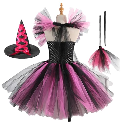 Aizuoni Halloween Kostüm Kinder, Hexenkostüm Kinder, Hexenkostüm Mädchen, Kostüm Hexe Kinder, Hexen-Halloween-Kostüm Für Kinder, Tutu Kleid Hexenkleid,Halloween-Kostüm Mit Hexenhut-Besen Und Tüllkleid von Aizuoni