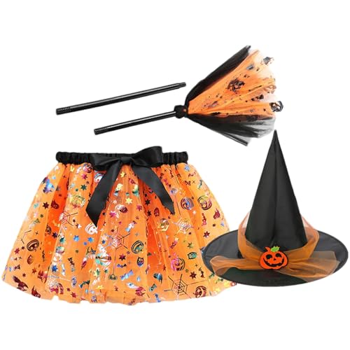 Aizuoni Hexenkleid für Kinder, Hexenoutfit für Kinder,Halloween Hexen Tutu Rock - Hexenrock für Kinder, Tutu-Kleid-Set mit Hexenhut und Besen für 2–8 Jahre alte Halloween-Cosplay-Party-Dekoration von Aizuoni