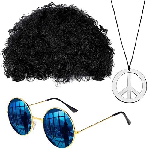 Aizuoni Hippie Accessoires, 70er Jahre Kostüm Herren, Zeitreise Kostüm Herren, Afro-Perücke-Sonnenbrille, Hippie-Haarschmuck Für Männer, Beinhaltet Afro, Sonnenbrille, Disco-Halskette, Partyzubehör von Aizuoni