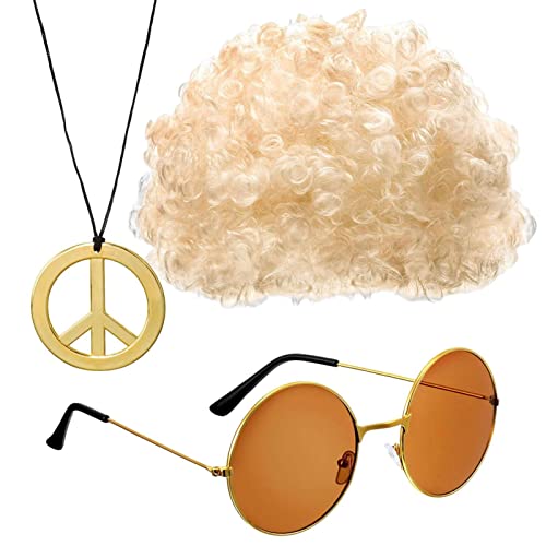 Aizuoni Hippie Accessoires, 70er Jahre Kostüm Herren, Zeitreise Kostüm Herren, Afro-Perücke-Sonnenbrille, Hippie-Haarschmuck Für Männer, Beinhaltet Afro, Sonnenbrille, Disco-Halskette, Partyzubehör von Aizuoni