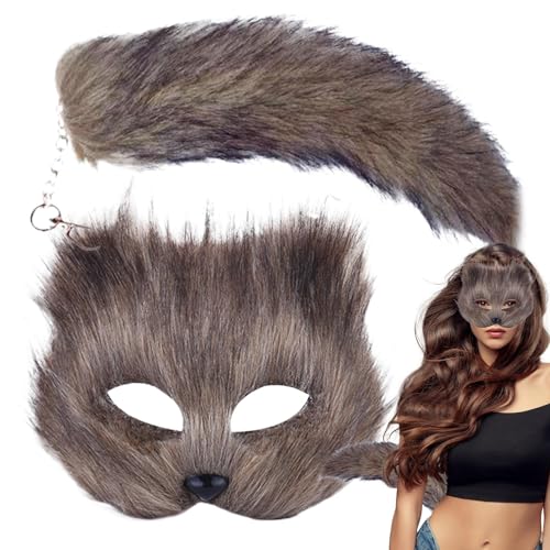 Aizuoni Katzenmaske, Katzenschwanz, Tier-Cosplay-Maskerade, Tier-Maskerade Und Schwanz-Set, Tierschwanz-Cosplay-Maskenset Für Mädchen, Halbpelzige Tier-Gesichtsbedeckung Für Versammlungspartys von Aizuoni