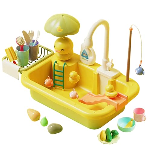 Aizuoni Kleinkind-Waschbeckenspielzeug mit fließendem Wasser,Spielwaschbecken mit fließendem Wasser,Küchenhaut-Spielset | Interaktiver Wassertisch mit Küchenzubehör, Angelspielzeug, von Aizuoni