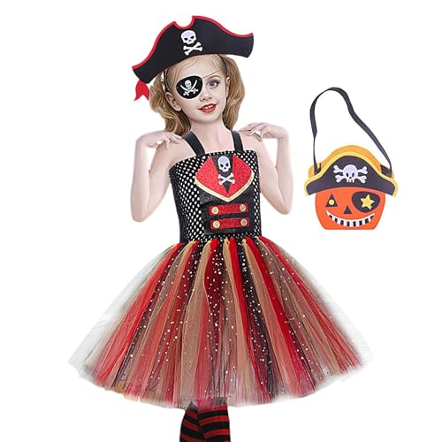 Aizuoni Piratenkostüm für Mädchen,Piratenkleid für Mädchen - Piraten-Tutu-Kleid für Halloween | 2–12 Jahre alte Mädchen, Halloween-Party, Rollenspiel, Verkleidung, Kleid, Stirnband, Tasche, Augenmaske von Aizuoni