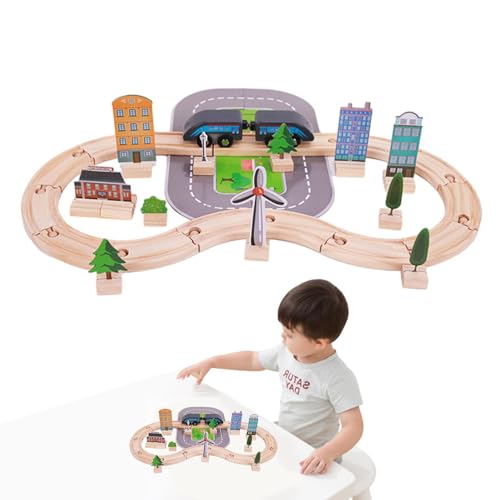 Aizuoni Puzzle-Autobahn, pädagogisches Puzzle-Auto-Spielset - 46-teiliges Stadtbahn-Puzzle aus Holz, Gleisspielset, Spielzeugfahrzeug - Lustiger Eisenbahnwagen-Baustein, pädagogisches -Spielzeug, von Aizuoni