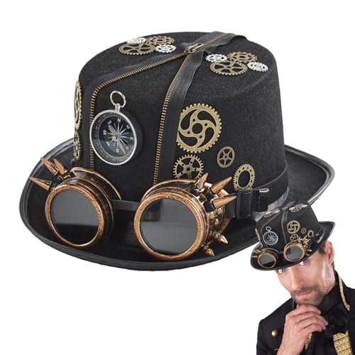 Steampunk Zylinder Hut Herren Mit Brille, Steampunk Hut Damen Schwarz Cosplay Halloween Kostüm Kopfbedeckung Hut Mit Abnehmbarer Schutzbrille - Zeitreisender-Kostüm Für Herren, Steampunk-Anziehzubehör von Aizuoni