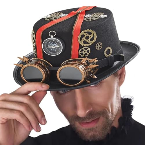 Steampunk Zylinder Hut Herren Mit Brille, Steampunk Hut Damen Schwarz Cosplay Halloween Kostüm Kopfbedeckung Hut Mit Abnehmbarer Schutzbrille - Zeitreisender-Kostüm Für Herren, Steampunk-Anziehzubehör von Aizuoni