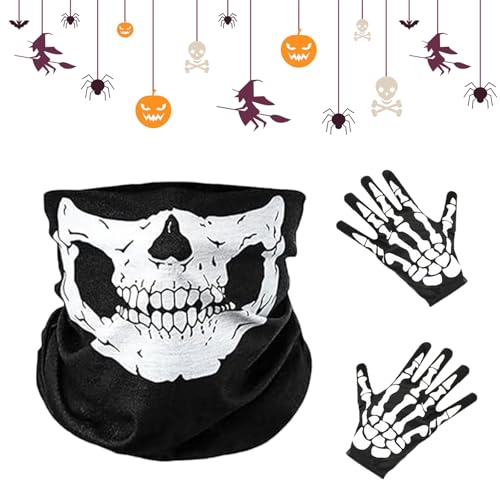 Ajuanbazha 4 Pcs Skelett Maske Handschuhe Set, 2 Stück Skelett Maske mit 2 Paar Skelett Handschuhe, Sturmmaske Totenkopf, Weiße Skelett Handschuhe Set für Halloween Karneval Cosplay Kostüm von Ajuanbazha