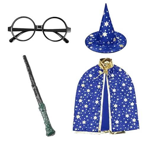 Ajuanbazha 4-Teiliges Hexe Zauberer Umhang Kinder, Zauberin Kostüm Kinder aus Zauberer Cape, Zauberstab, Brille, und Zauberhut, Zauberumhang Kinder für Halloween-Kostümpartys (Blau1) von Ajuanbazha